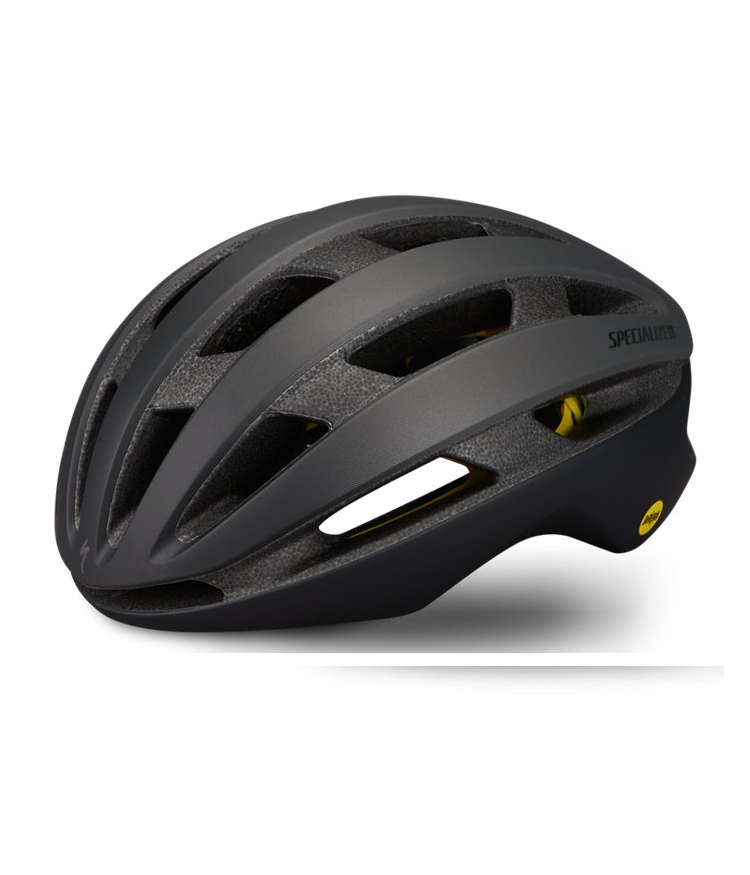 specialized-airnet-mips.png En svart och mörkgrå cykelhjälm med flera ventilationshål, en jämn aerodynamisk form och ordet "Specialized" tryckt på sidan.