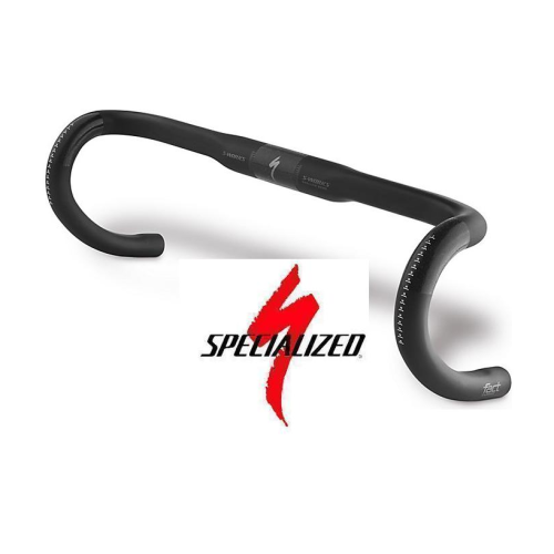 Ett svart droppstyre för en cykel visas ovanför den röda och svarta Specialized-logotypen på en vit bakgrund.