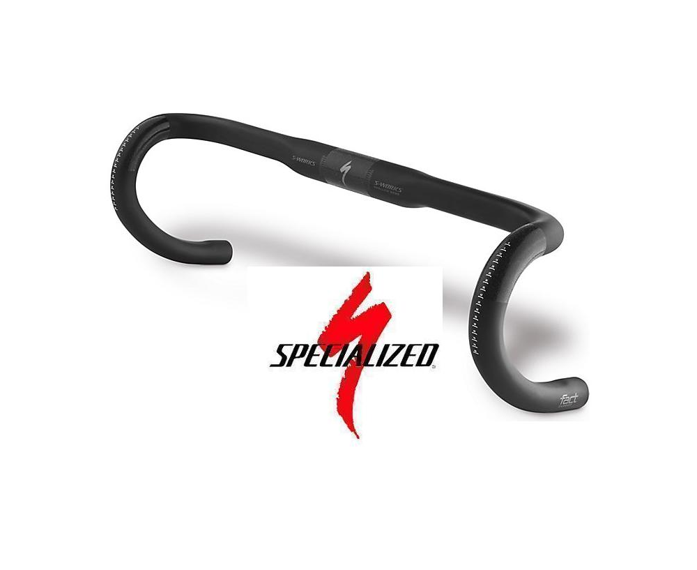 specialized-styre-sw.png Ett svart droppstyre för en cykel visas ovanför den röda och svarta Specialized-logotypen på en vit bakgrund.