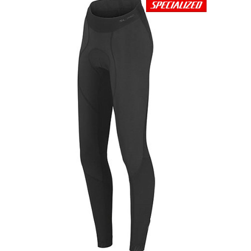 Svarta hellånga cykeltights med vadderad sits, som visas på en vit bakgrund. Specialized-varumärkets logotyp visas i rött och vitt i det övre högra hörnet.