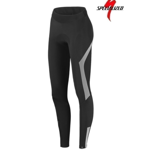 Svarta cykeltights med grå diagonala ränder på vänster lår och höger vad. Specialized-logotypen visas i rött och svart i det övre högra hörnet på en vit bakgrund.