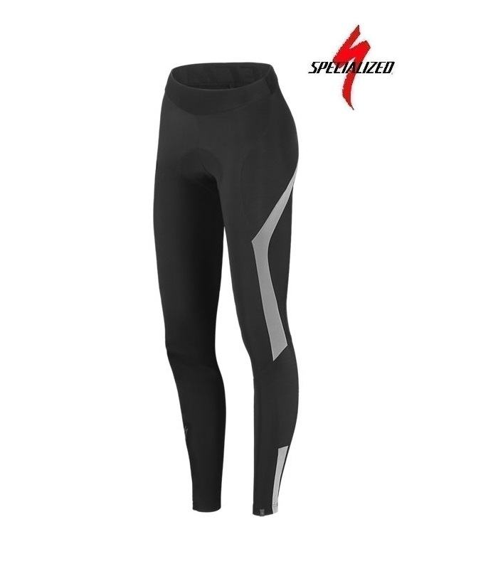 specialized-womens-theminal-rbx-comp.png Svarta cykeltights med grå diagonala ränder på vänster lår och höger vad. Specialized-logotypen visas i rött och svart i det övre högra hörnet på en vit bakgrund.