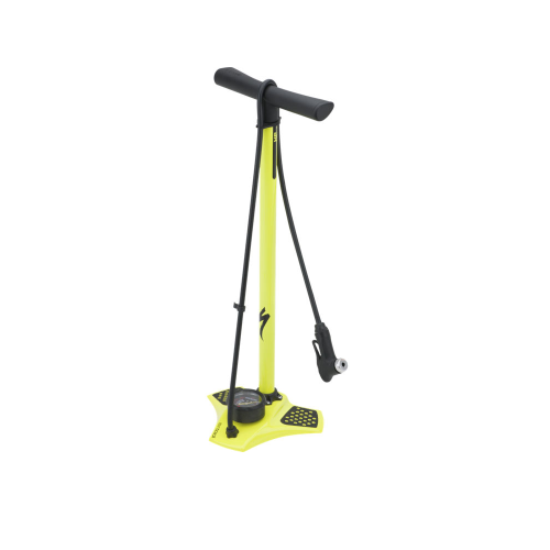 En gul golvcykelpump med svart handtag