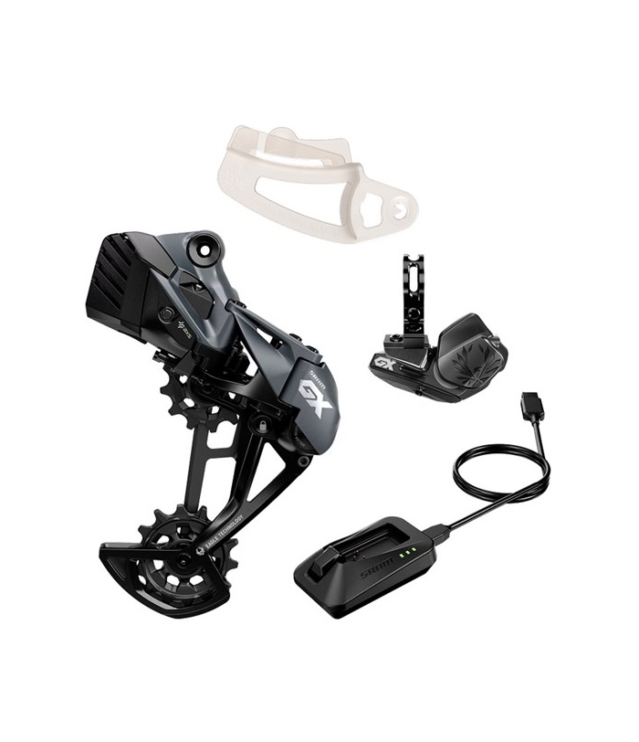 sram-gx-eagle-uppgraderingskit.png Uppgraderingspaketet Sram GX Eagle AXS, 12s visas på en vit bakgrund, inklusive en svart elektronisk växel, växelspak, batteri, laddare och ett genomskinligt kedjeavstängningsverktyg.