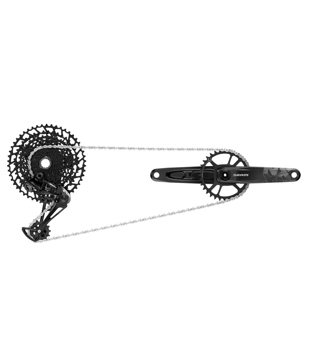 sram-nx-grupp-32t.png En svart SRAM-drivlinjesats för cyklar, inklusive vevarm, kedjering, kedja, kassett och bakväxel, mot en vit bakgrund.