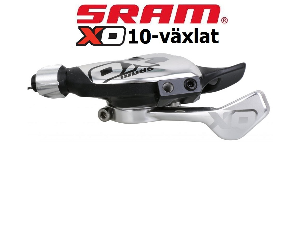sram-x0-reglage-10-vxl.png En SRAM XO 10-växlad cykelväxel visas, med en metallisk och svart kropp. Ovanför den visas texten "SRAM XO 10-växlat" i rött och svart.