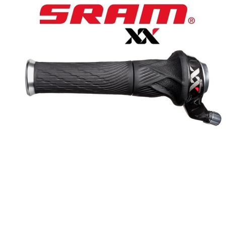 En svart SRAM XX mountainbike-greppväxel med texturerat grepp
