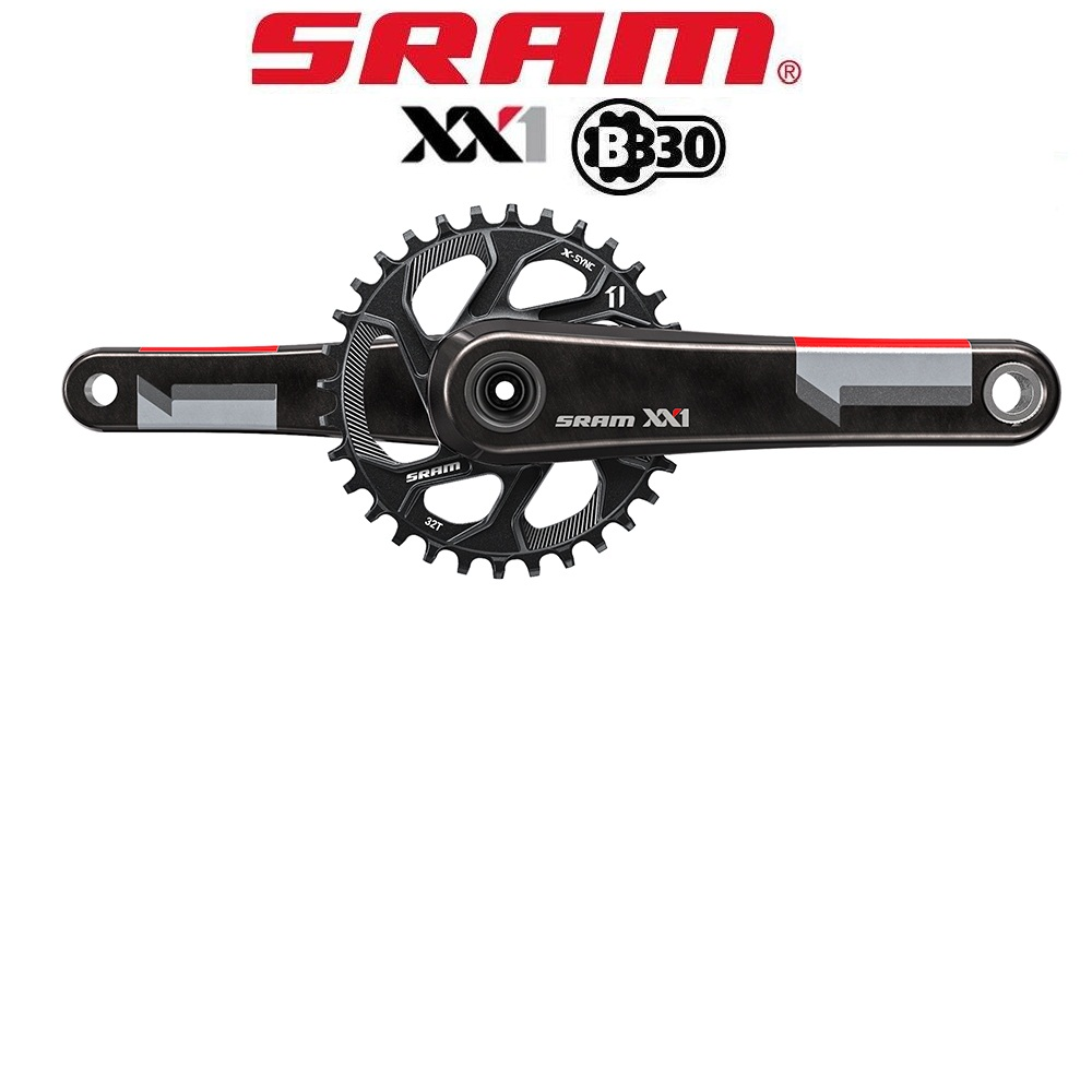 sram-xx1-bb30-vevparti-1-1.png Ett SRAM XX1 BB30 vevparti för mountainbike med en enkel kedjering och röda, vita och grå accenter. SRAM-logotypen visas ovanför vevpartiet.