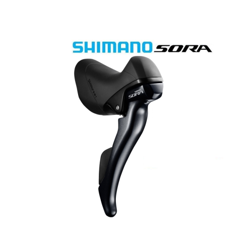 En svart Shimano Sora cykelväxel- och bromsspak visas mot en vit bakgrund, med logotypen "SHIMANO SORA" ovanför den i blå och svart text.