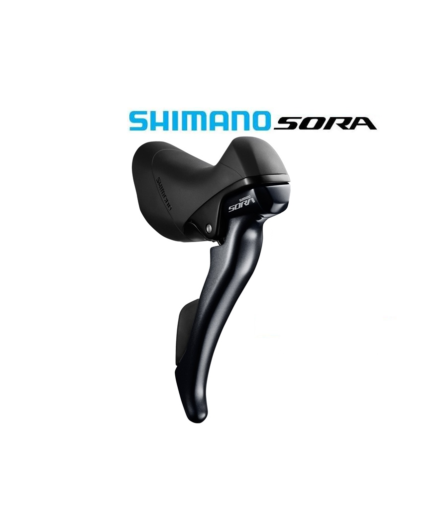 sti-reglage-shimano-sora-st-r3000.png En svart Shimano Sora cykelväxel- och bromsspak visas mot en vit bakgrund, med logotypen "SHIMANO SORA" ovanför den i blå och svart text.