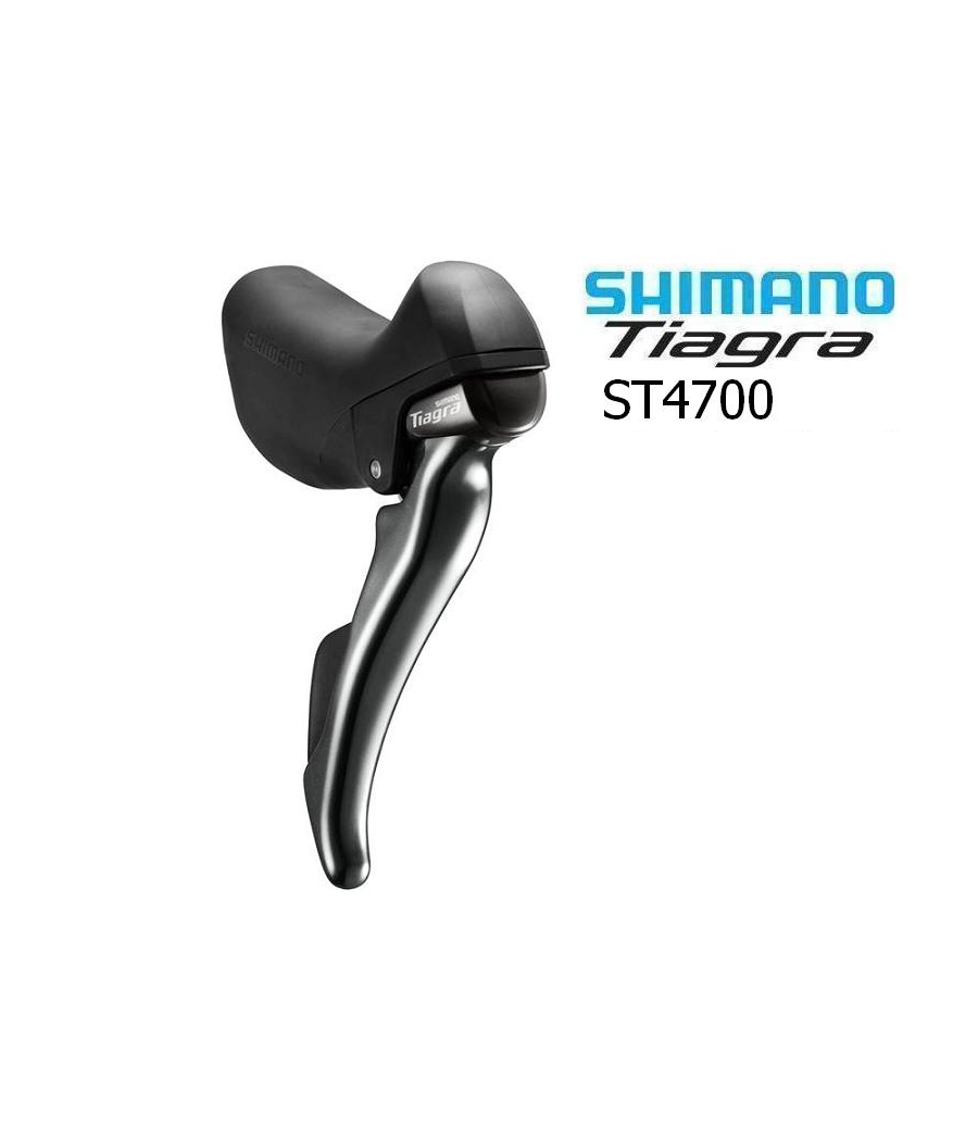 sti-reglage-shimano-tiagra-st4700.png En Shimano Tiagra ST4700 växlings- och bromsspak för landsvägscyklar visas bredvid texten "Shimano Tiagra ST4700" på en vit bakgrund. Spaken är svart och silverfärgad med synligt varumärke.