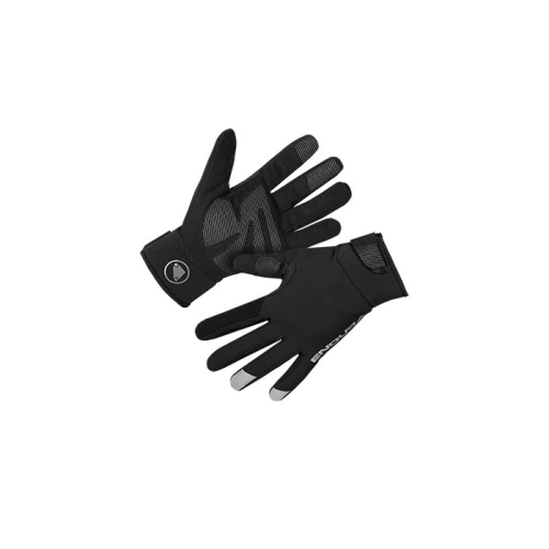 Ett par svarta handskar med texturerat grepp på handflatorna och fingertopparna, justerbara handledsremmar och en diskret logotyp på handryggen, mot en vit bakgrund.