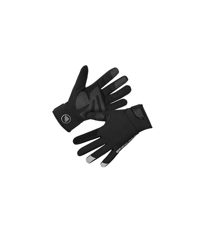 strike-glove-endura-wmns.png Ett par svarta handskar med texturerat grepp på handflatorna och fingertopparna, justerbara handledsremmar och en diskret logotyp på handryggen, mot en vit bakgrund.