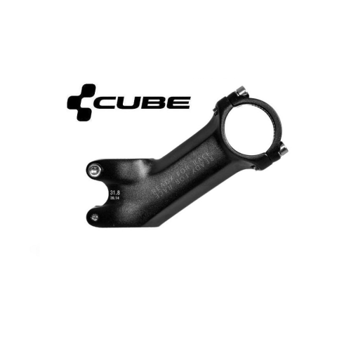 En svart Cube-cykelstam med två bulthål i ena änden och en cirkulär klämma i den andra, mot en vit bakgrund med Cube-logotypen ovanför.