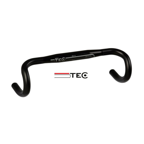 Svart TEC-cykelstyre med TEC-logotypen i vitt och svart på styret och under det mot en vit bakgrund.
