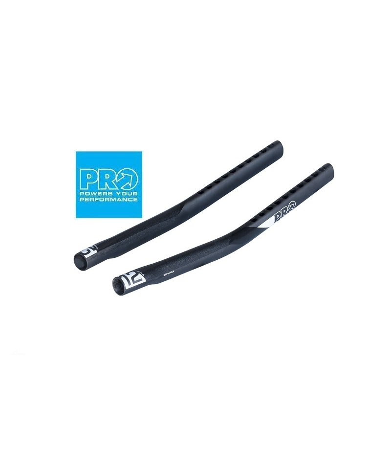tempobage-pro-missile-evo-j-bend-carbon.png Två svarta cykelstyreförlängningar med vitt "PRO"-märke, sida vid sida mot en vit bakgrund. En blå "PRO Powers Your Performance"-logotyp visas till vänster.