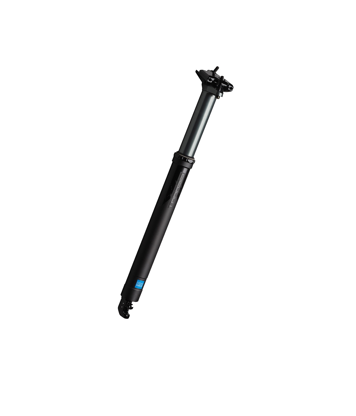 tharsis-3five-drop-sadelstolpe.png En svart och silverfärgad droppsadelstolpe för cykel visas mot en vit bakgrund, med en monteringsklämma i ena änden och en synlig justeringsmekanism längst ned.