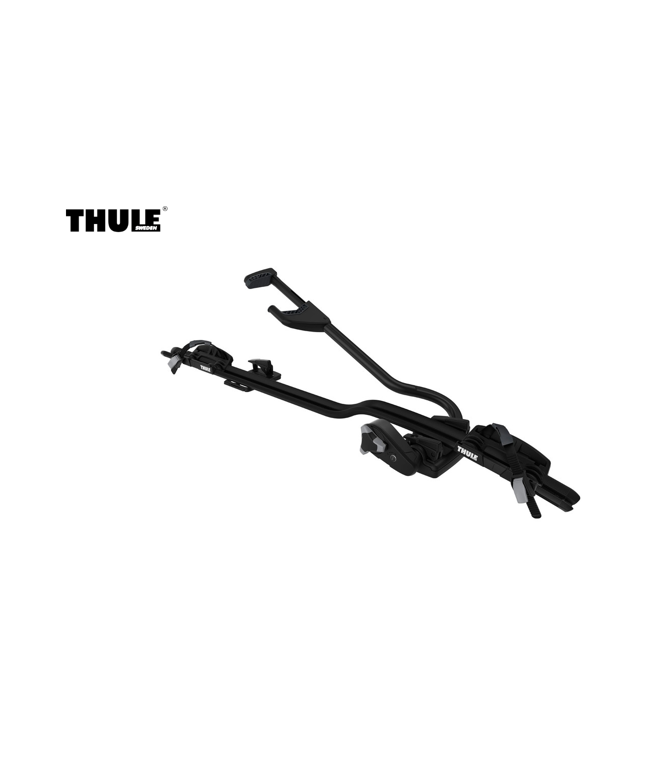 thule.proride.598.svart_.png Ett svart Thule-cykelställ avsett för montering på biltaket visas mot en vit bakgrund med Thule-logotypen på vänster sida.