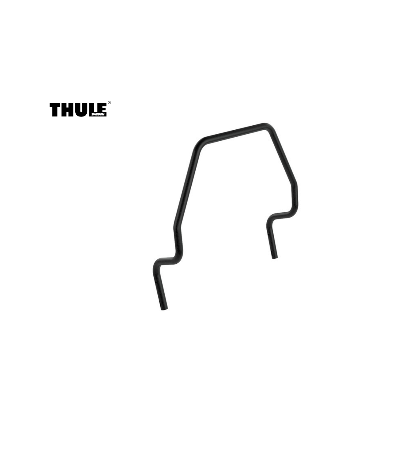 thule.spare_.wheel_.adapter.png En Thule-reservdel i svart metall med en böjd, vinklad form visas mot en vit bakgrund. Thule-logotypen visas i det övre vänstra hörnet.