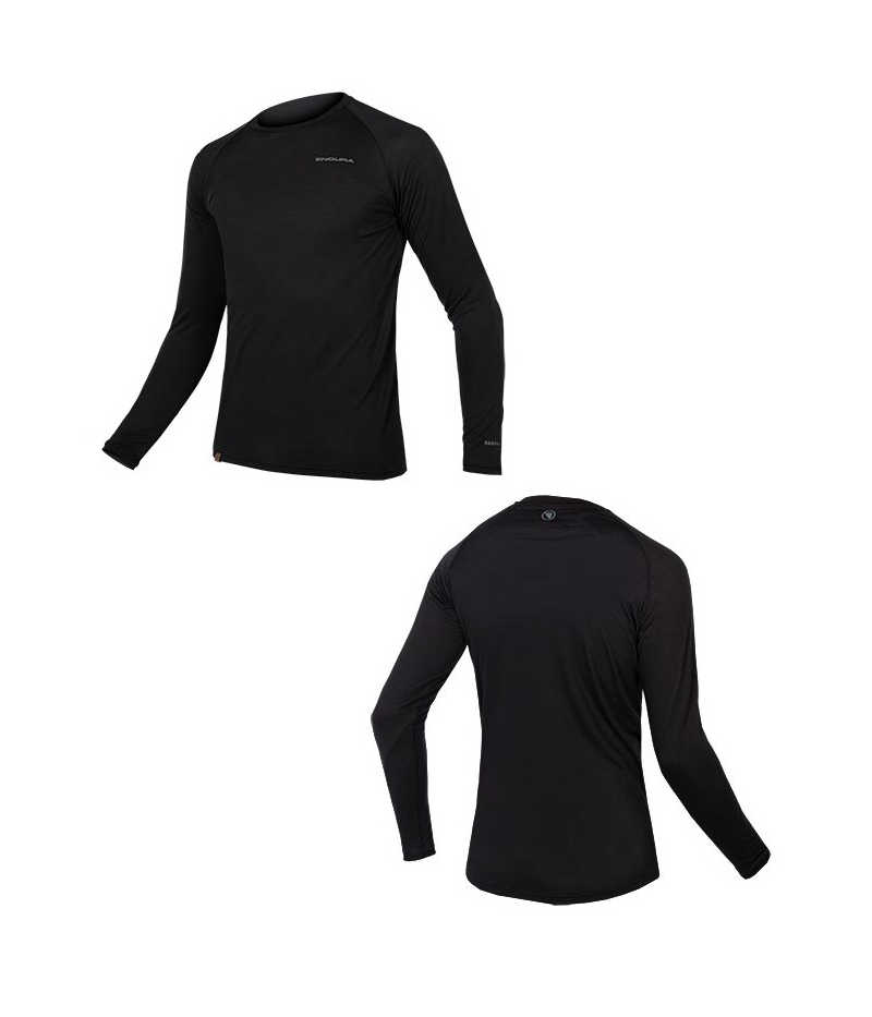 troja-endura-baabaa-merino.png Två vyer av en vanlig svart långärmad sporttröja: på framsidan syns en liten logotyp på vänster bröst medan baksidan visar en enkel, osmyckad design. Båda tröjorna visas på en vit bakgrund.