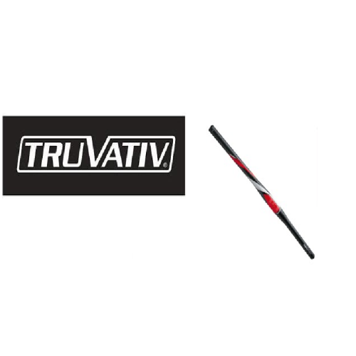 En TruVativ-logotyp i vita bokstäver på en svart rektangel till vänster och ett svart cykelstyre med röda och vita markeringar till höger, båda mot en vit bakgrund.