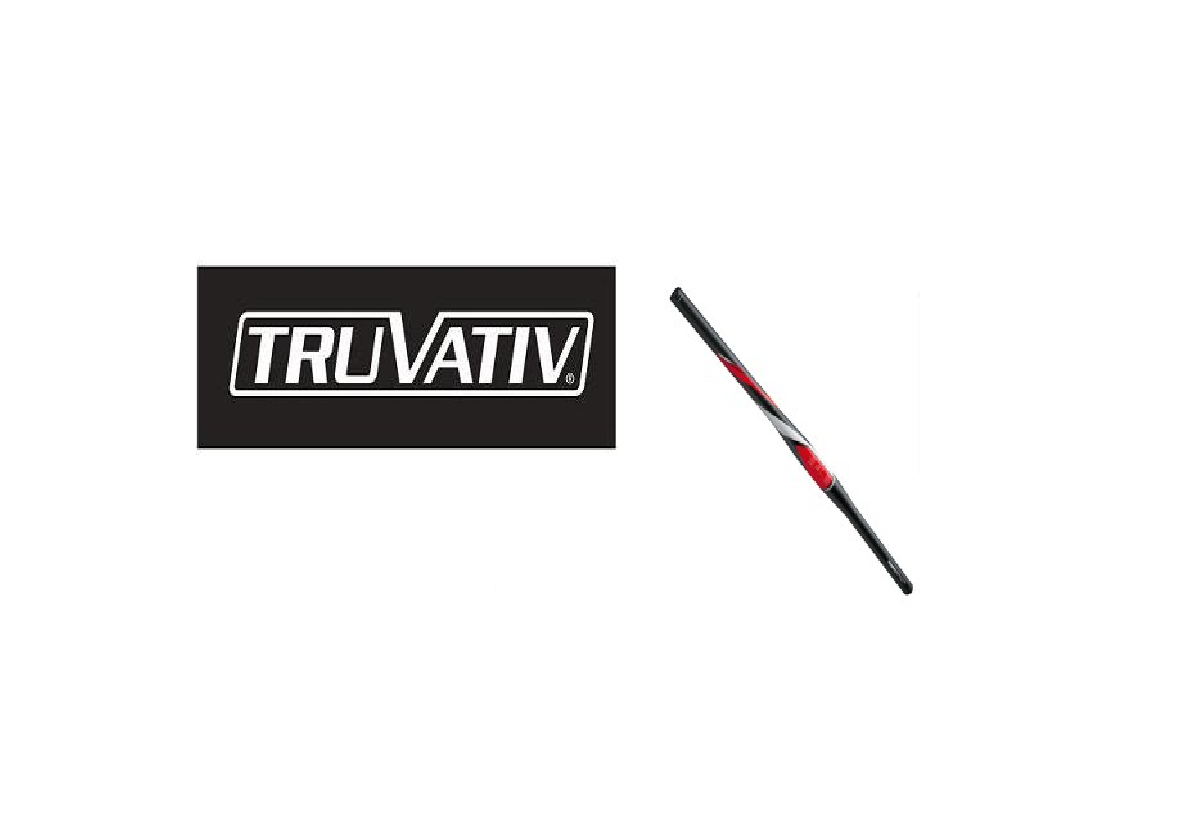 truvativ-rod.png En TruVativ-logotyp i vita bokstäver på en svart rektangel till vänster och ett svart cykelstyre med röda och vita markeringar till höger, båda mot en vit bakgrund.