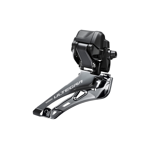 En Shimano Ultegra framväxel i svart och silver visas mot en vit bakgrund. Komponenten är märkt med "Ultegra" och har en elegant, kantig design som typiskt används på landsvägscyklar.