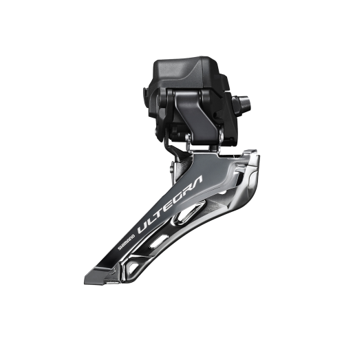 En Shimano Ultegra framväxel i svart och silver, fotograferad mot en vit bakgrund. Komponenten är märkt och ingår i en cykels växlingssystem.