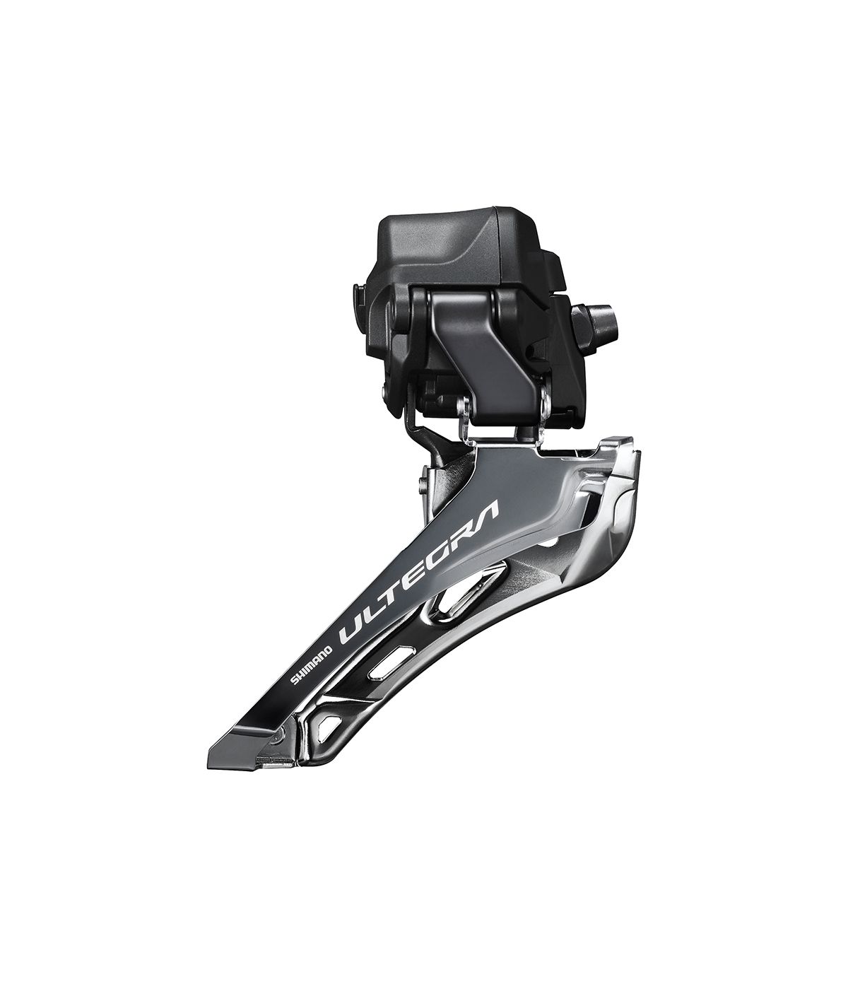 ultegra-framvaxel.png En Shimano Ultegra framväxel i svart och silver, fotograferad mot en vit bakgrund. Komponenten är märkt och ingår i en cykels växlingssystem.