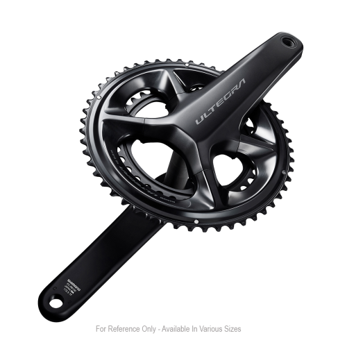 Glansigt svart Shimano Ultegra cykelvevställ med två kedjehjul och vevstakar, sett i vinkel mot en vit bakgrund. Texten nedanför lyder: "Endast för referens - finns i olika storlekar.