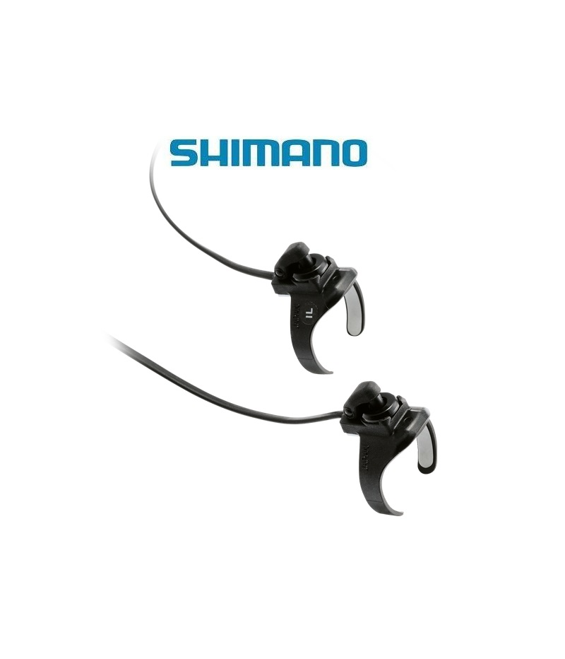 vaxelreglage-shimano-di2-sw-r610-2x11-vxl.png Två svarta Shimano-växelspakar för cyklar med tillhörande kablar visas mot en vit bakgrund, med Shimanos logotyp ovanför dem.