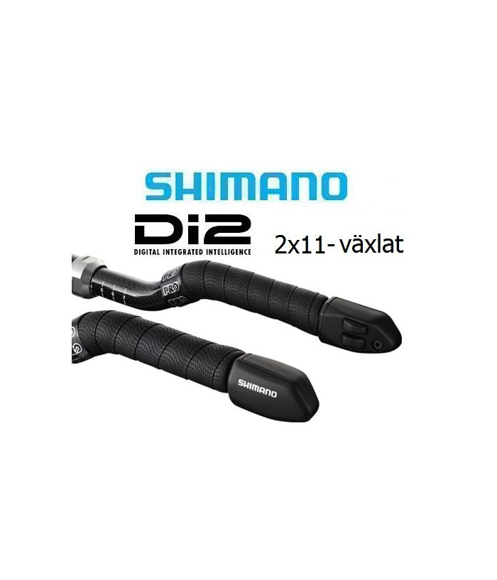 vaxelreglage-shimano-dura-ace-di2-sw-r671-2x11-vxl.png Ett par svarta Shimano Di2-växelspakar med texturerade grepp, avbildade på en vit bakgrund med texten "Shimano Di2 Digital Integrated Intelligence 2x11-växlat.