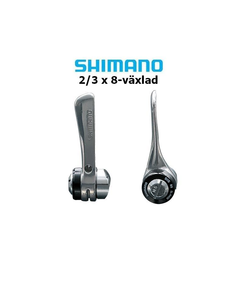 vaxelreglage-shimano-sl-r400-2-3x8-vxl.png Två Shimano cykelväxlar visas från olika vinklar mot en vit bakgrund, med texten "SHIMANO 2/3 x 8-växlad" ovanför dem.