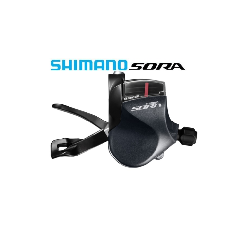 En Shimano Sora 9-växlad cykelväxel med två spakar och en växelindikator, mot en vit bakgrund med Shimano Sora-logotypen ovanför.