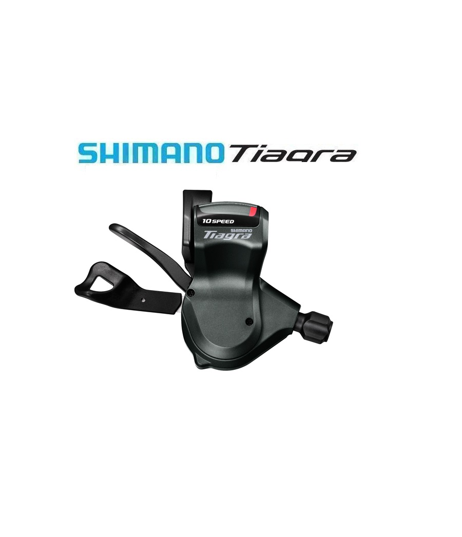 vaxelreglage-shimano-tiagra-sl-4700-2x10-vxl.png Shimano Tiagra 10-växlad cykelväxel mot en vit bakgrund, med Shimano Tiagra-logotypen ovanför växeln.