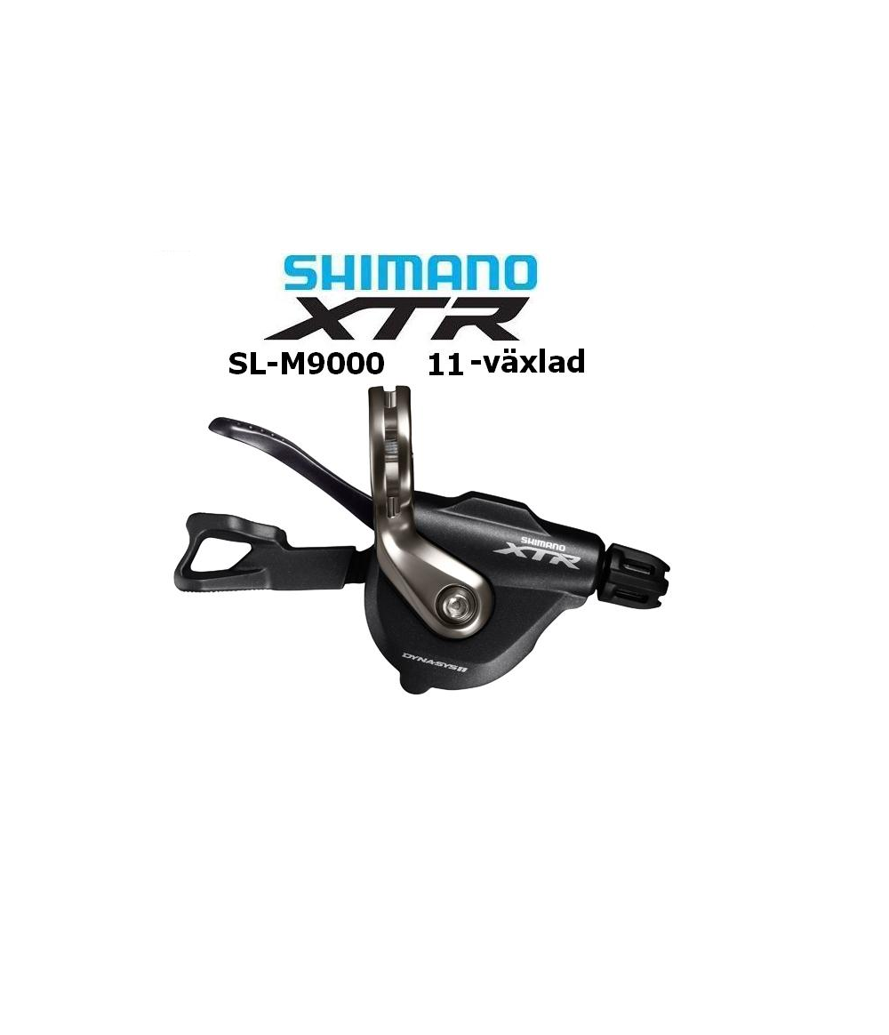 vaxelreglage-shimano-xtr-sl-m9000-klamma.png En Shimano XTR SL-M9000 11-växlad cykelväxel visas med produktnamn och specifikationer i text ovanför växeln, mot en vit bakgrund.
