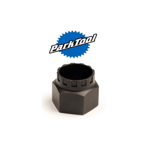 Ett cykelverktyg i svart metall med skåror runt kanten, placerat under en blå Park Tool-logotyp på en vit bakgrund.
