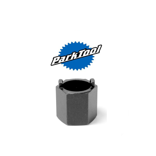 Ett cykelverktyg i metall med skåror upptill, placerat under den blåvita Park Tool-logotypen på en vit bakgrund.