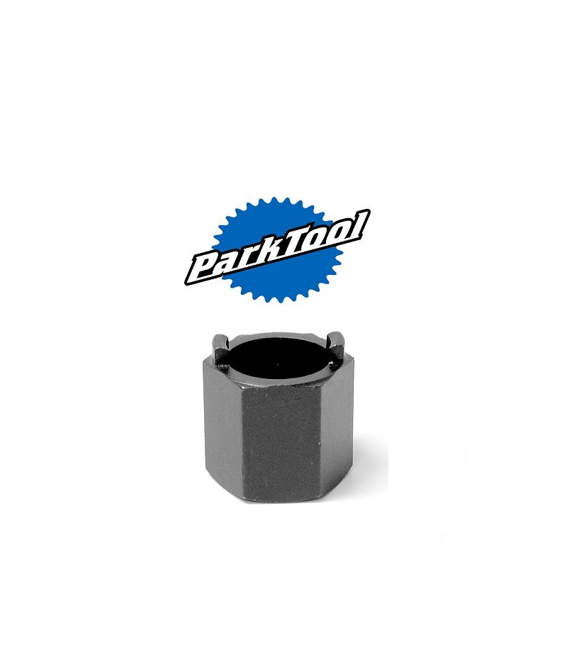 verktyg-park-tool-fr-2c-kransavdragare-sun-tour.png Ett cykelverktyg i metall med skåror upptill, placerat under den blåvita Park Tool-logotypen på en vit bakgrund.