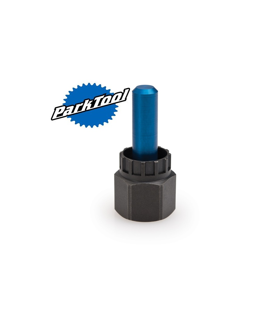 verktyg-park-tool-fr-5-2gt-kassettavdragare.png Ett låsverktyg för cykelkassetter av märket Park Tool med en svart sexkantig bas och ett blått cylindriskt styrstift