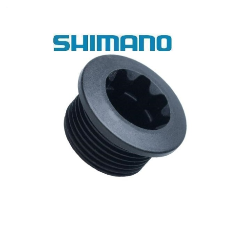 En svart gängad bult med ett stjärnformat insexhuvud visas under en blå Shimano-logotyp på en vit bakgrund.