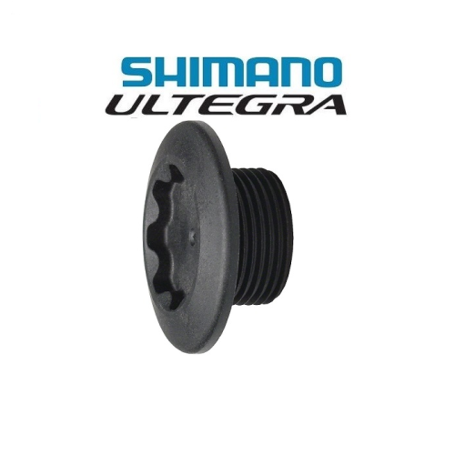En svart Shimano Ultegra-fästbult för vevarmen visas mot en vit bakgrund, med Shimano Ultegra-logotypen ovanför.