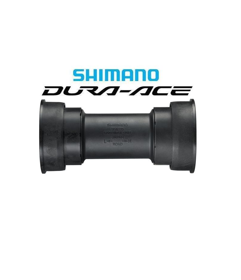 vevlager-dura-ace-sm-bb-92-pressfit.png Ett svart Shimano Dura-Ace-cykelfäste är centrerat på en vit bakgrund, med Shimano Dura-Ace-logotypen ovanför.
