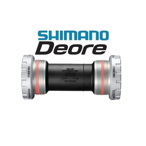 Ett Shimano Deore-märkt cykeltretlager med silverfärgade gängade kopplingar i varje ände och ett svart mittrör, som visas under den blå och svarta Shimano Deore-logotypen på en vit bakgrund.