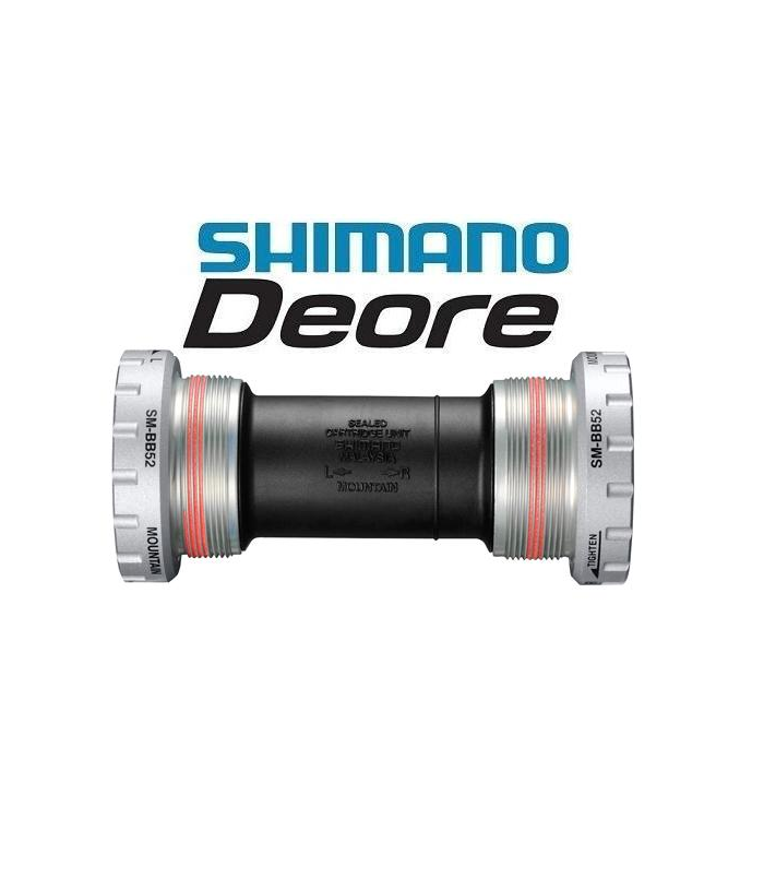 vevlager-shimano-deore-sm-bb52.png Ett Shimano Deore-märkt cykeltretlager med silverfärgade gängade kopplingar i varje ände och ett svart mittrör