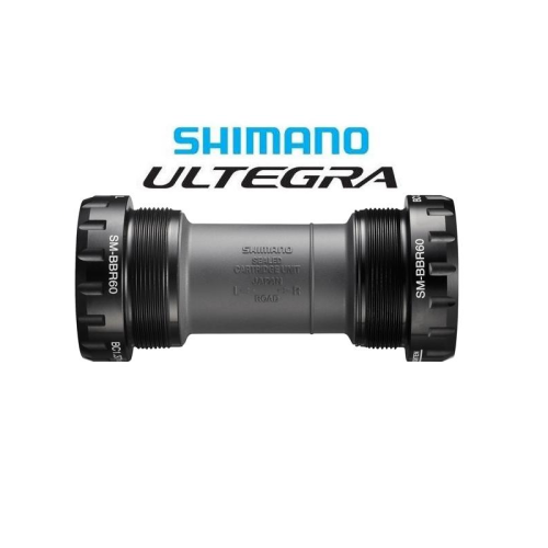 En kassettenhet för ett Shimano Ultegra-fäste, märkt SM-BBR60, visas mot en vit bakgrund med Shimano- och Ultegra-logotyperna ovanför.