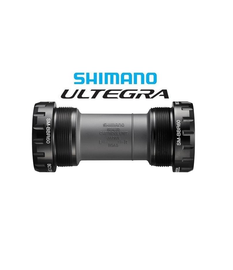 vevlager-shimano-ultegra-sm-bbr60.png En kassettenhet för ett Shimano Ultegra-fäste, märkt SM-BBR60, visas mot en vit bakgrund med Shimano- och Ultegra-logotyperna ovanför.
