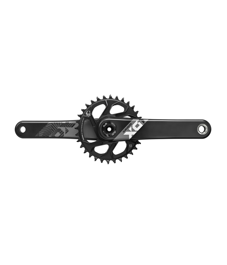 vevparti-sram-x01-eagle-dub-svart.png Ett svart cykelvevställ med en enkel kedjekrans och två vevstakar, med geometriska mönster och bokstäverna "GX" på den högra vevstaken.