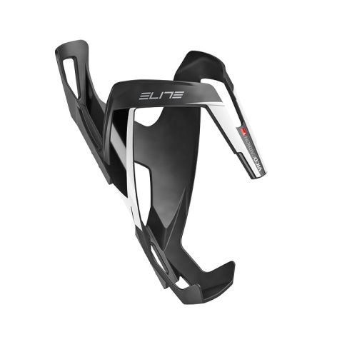 Svartvit vattenflaskhållare för cykel med kantig design, "ELITE"-märket synligt på sidan, mot en vit bakgrund.