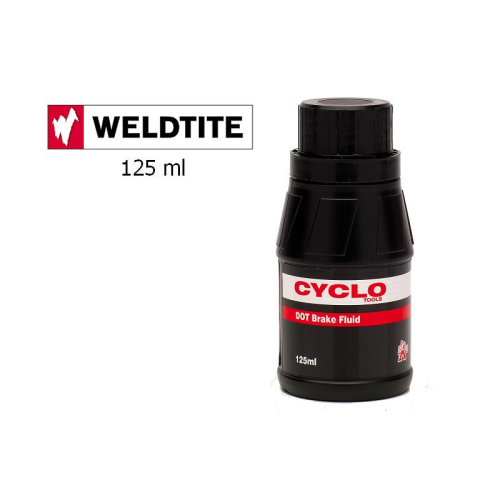 En svart 125 ml flaska märkt "CYCLO Tools DOT Brake Fluid" visas. Logotypen "WELDTITE" och texten "125 ml" visas på bildens vänstra sida.